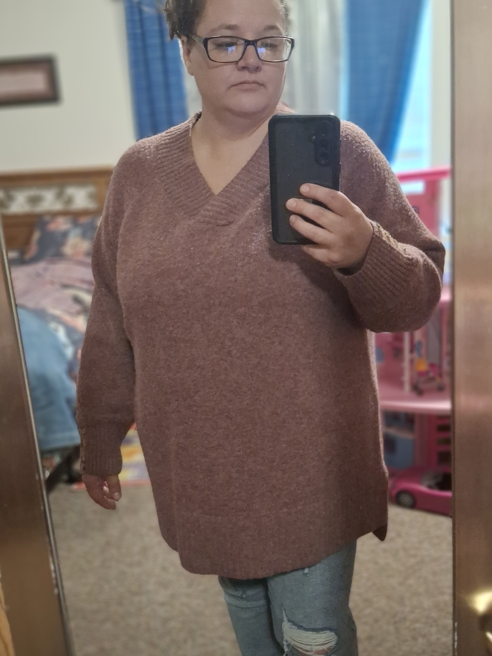 CJ Banks Mauve V-Neck Oversized Sweater